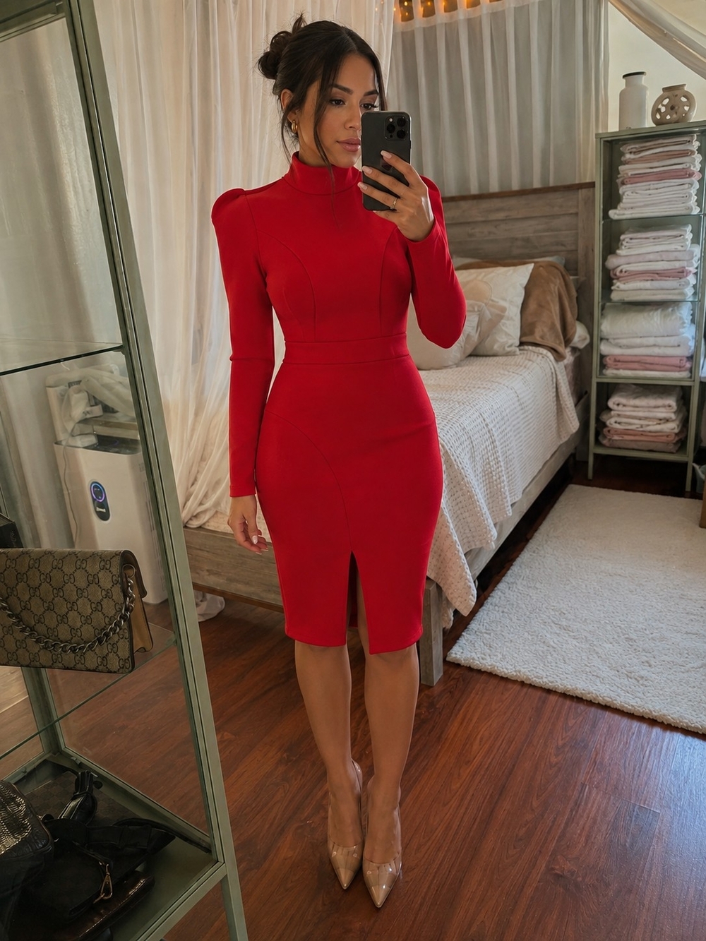 Zhivago Red Long-Sleeve Turtleneck Bodycon Dress with Front Slit